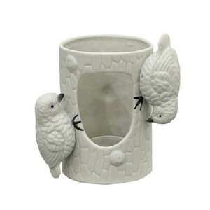 Vintage Birds On Tree Trunk Ceramic Tea Light Holder White 4.5" x 4.25"